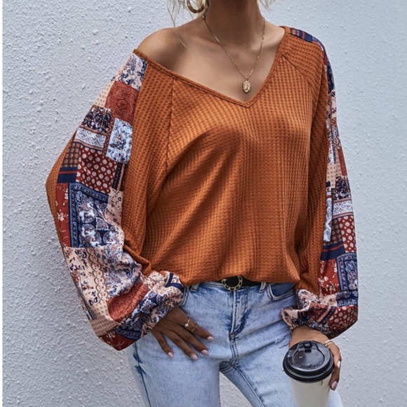 CLEARANCE Orange Fall Vibes Patchwork Waffle Long Sleeve Tee - Picture 2 of 8